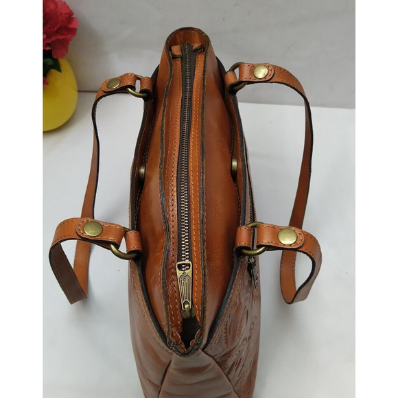 Patricia Nash Poppy Tote Florence Brown Tan Tooled Leather Zipper Tote Bag - Picture 8 of 16